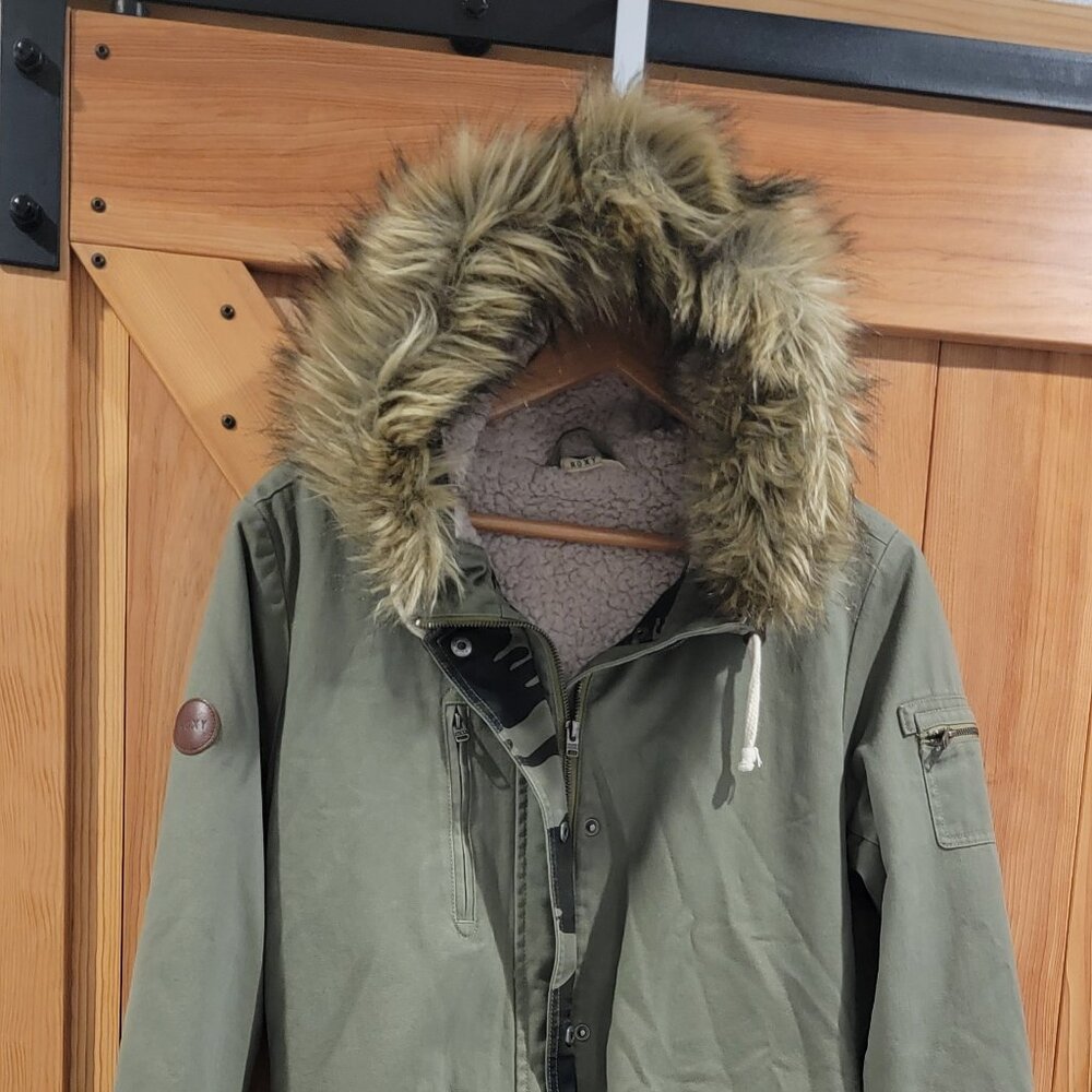 Roxy Bomber Jacket Faux Fur Trim Hood - Army Green XL - Picture 2 of 9